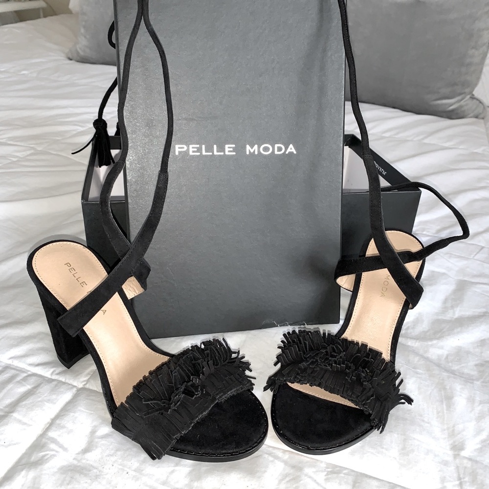 Pelle Moda Black Suede Fringe Dress Heels Sandals